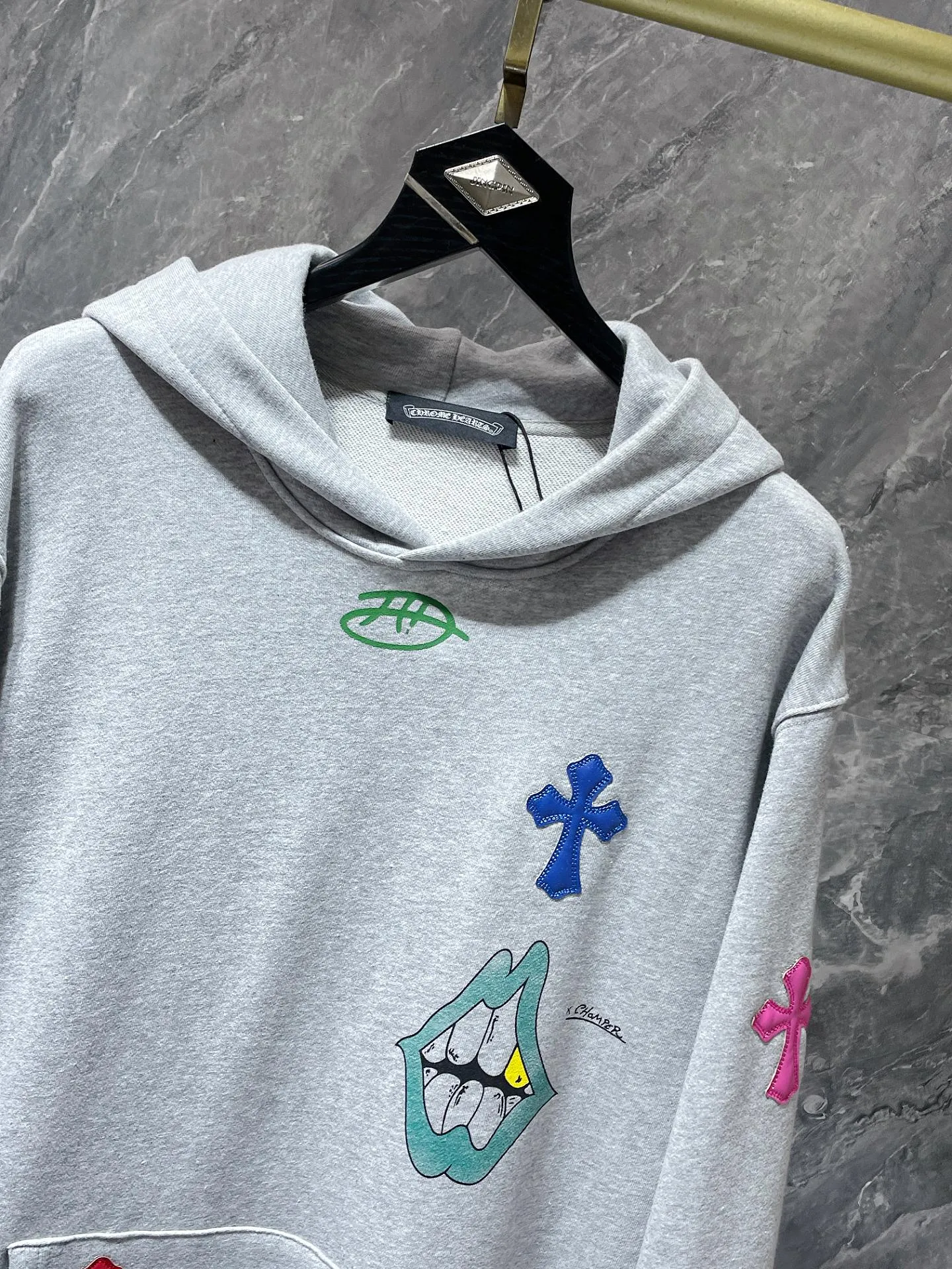 P276 Chrome Hearts Autumn and Winter 2025 Counter Synchronization Colorful cross patchwork leather Sanskrit hand-painted graffiti hooded sweatshirt Special customized version 1:1 high weight fabric Highest version Imported leather Recommended color: black gray Code number: S, M, L, XL